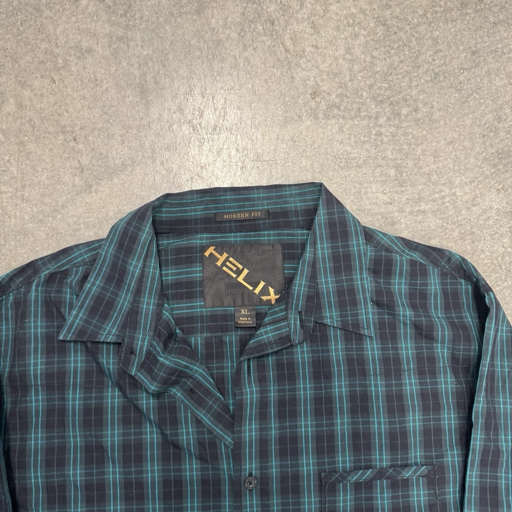Helix Modern Fit Shirt Mens Button Green Black Plaid Long Sleeve Cotton XL - Picture 3 of 8